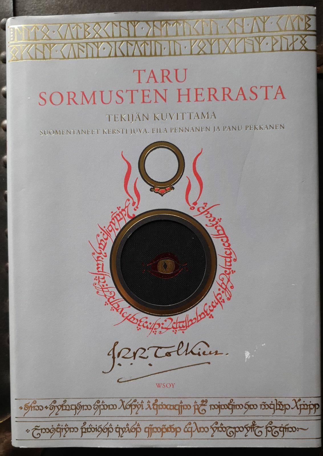 Taru sormusten herrasta kirjan etukansi, jossa keskellä liekehtivä Sauronin punainen silmä.