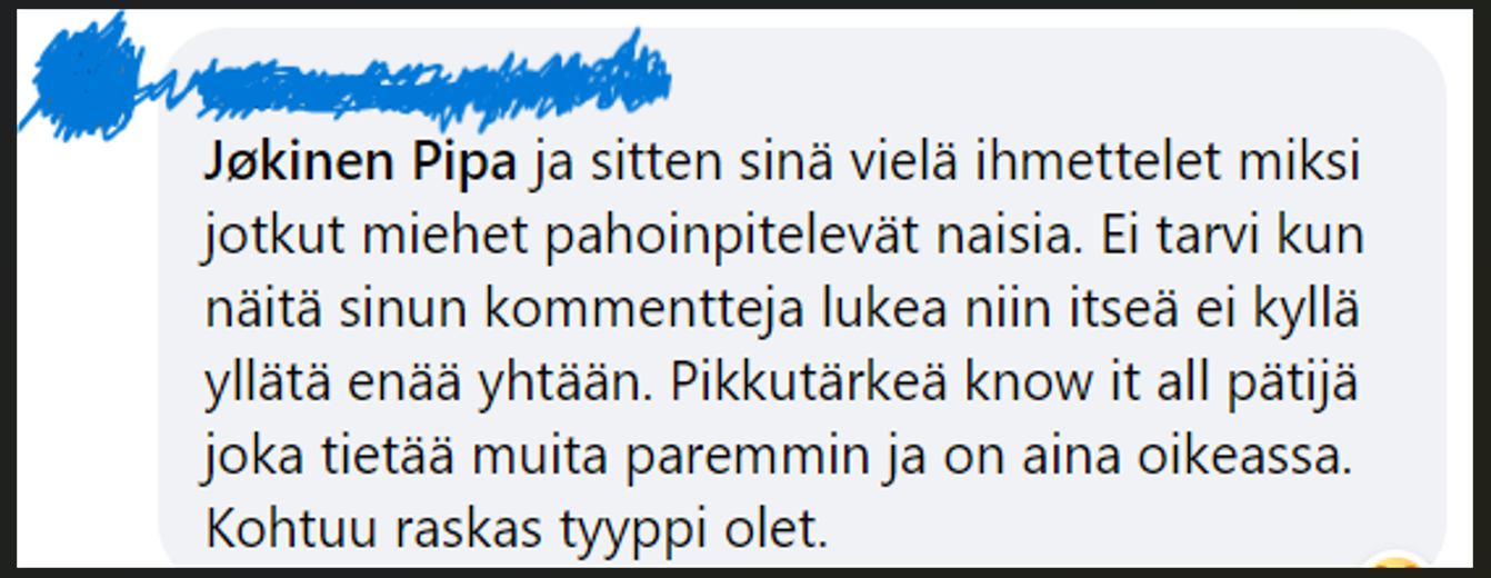 Saamani Fb viesti jossa hyväksytään hankalien naisten pahoinpitely.