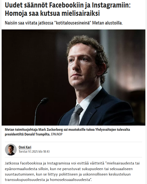 Kuvakaappaus uutisesta jossa *ark Zu**er*in kuva ja viesti että naiset saa rinnastaa kotitalouskoneiksi ja homoja saa haukkua