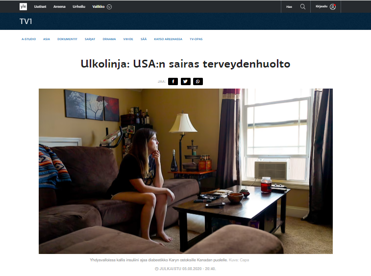 Kuvakaappaus Areenalta: Ulkolinja: USA:n sairas terveydenhuolto