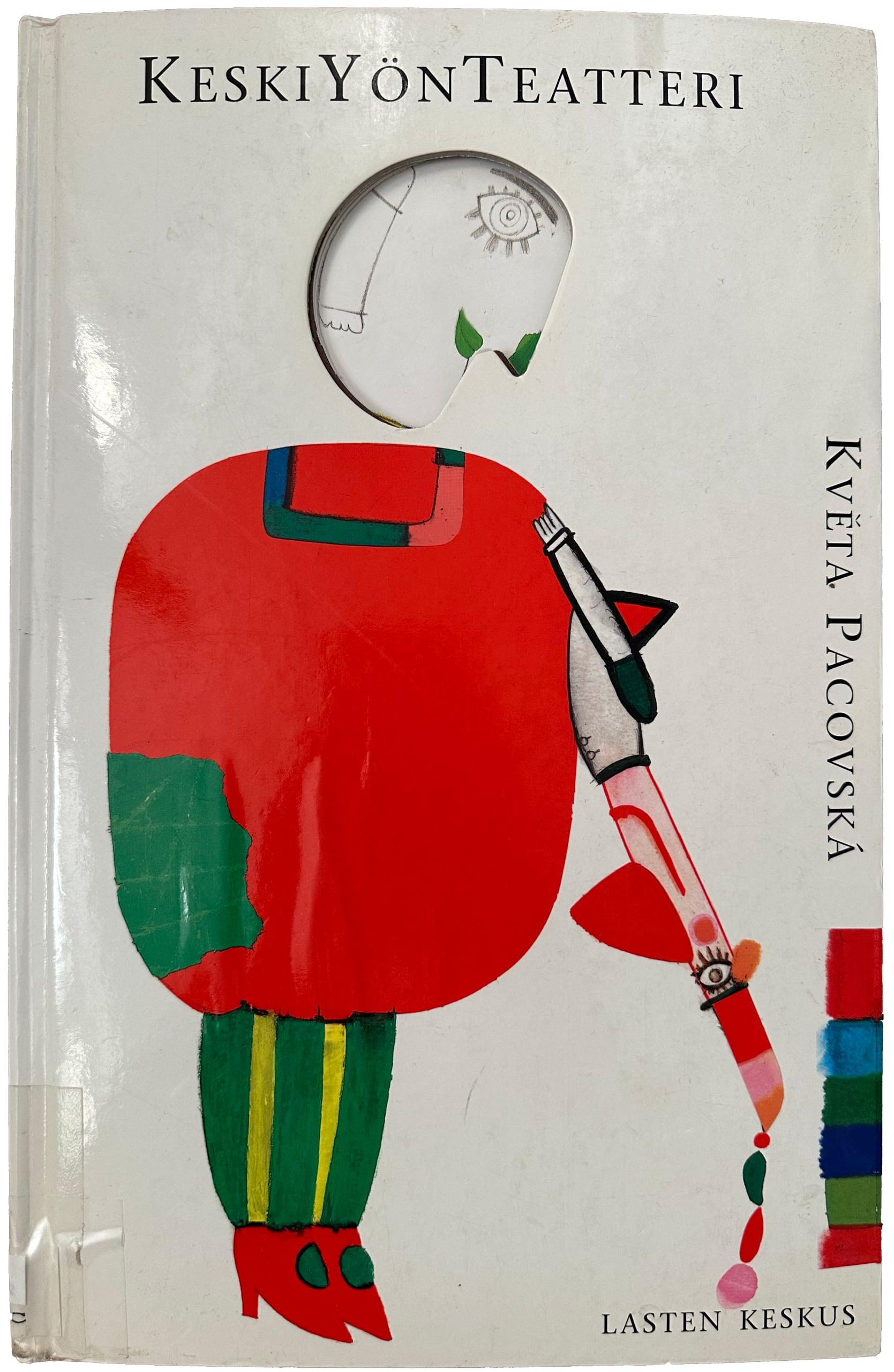 Keskiyönteatteri-kirjan kannessa on värikäs piirros punapukuisesta syvään kumartavasta klovnimaisesta hahmosta. Kumartavan hahmon vartalon yllä on kanteen leikattu reikä, joka näyttää muodostavan henkilölle pään.