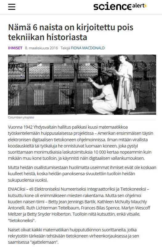 Kuvakaappaus Wiki artikkelista joka kertoo naisten merkittävästä roolista internetin algoritmin kehittelyssä