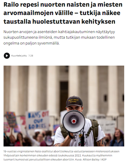 Yle Uutiset, kuvakaappaus: Railo repesi nuorten naisten ja miesten arvomaailmojen välille – tutkija näkee taustalla huolestuttavan kehityksen Nuorten arvojen ja asenteiden kahtiajakautuminen näyttäytyy sukupuolittuneena ilmiönä, mutta tutkijan mukaan todellinen ongelma on paljon syvemmällä.