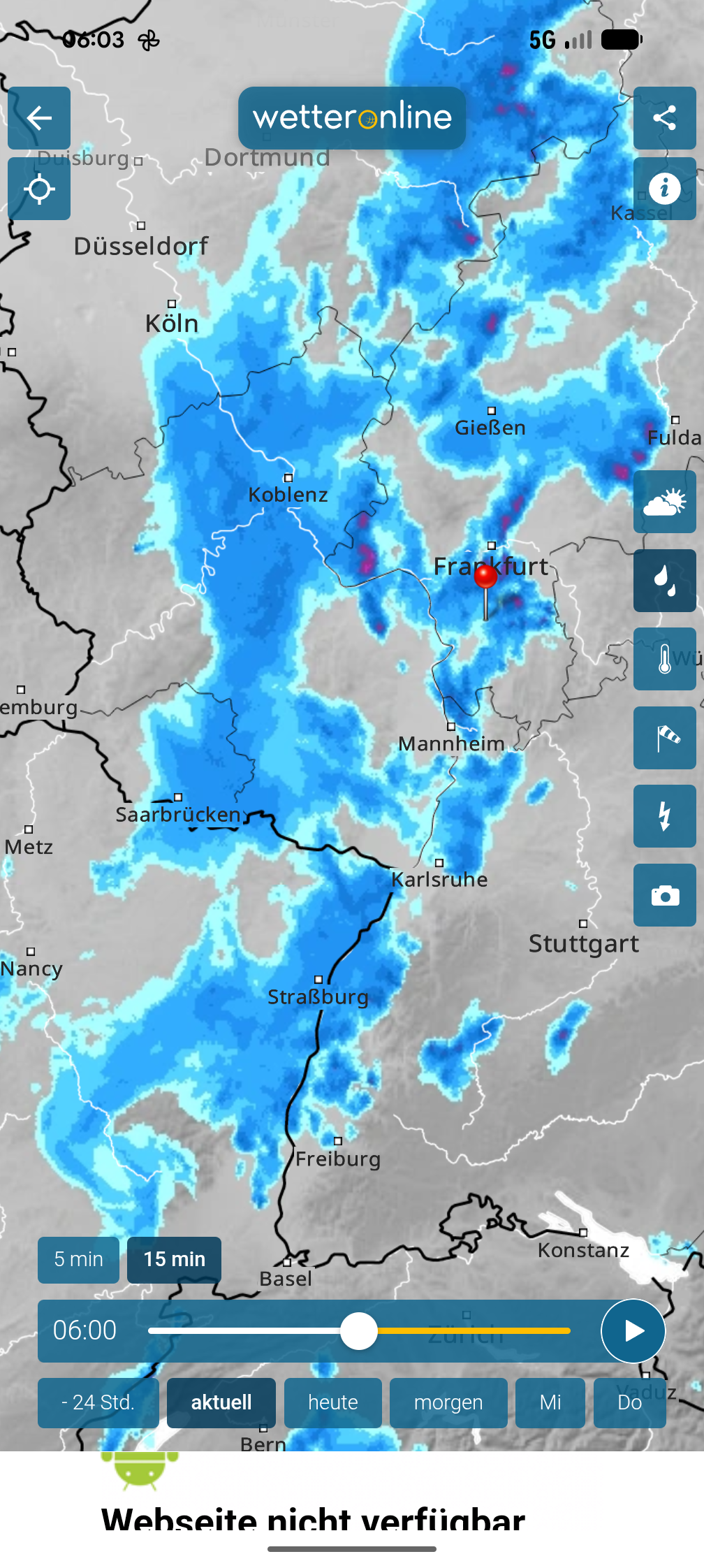 A rain radar image with a focus on Darmstadt, showing large rain clouds approaching from the southwest.