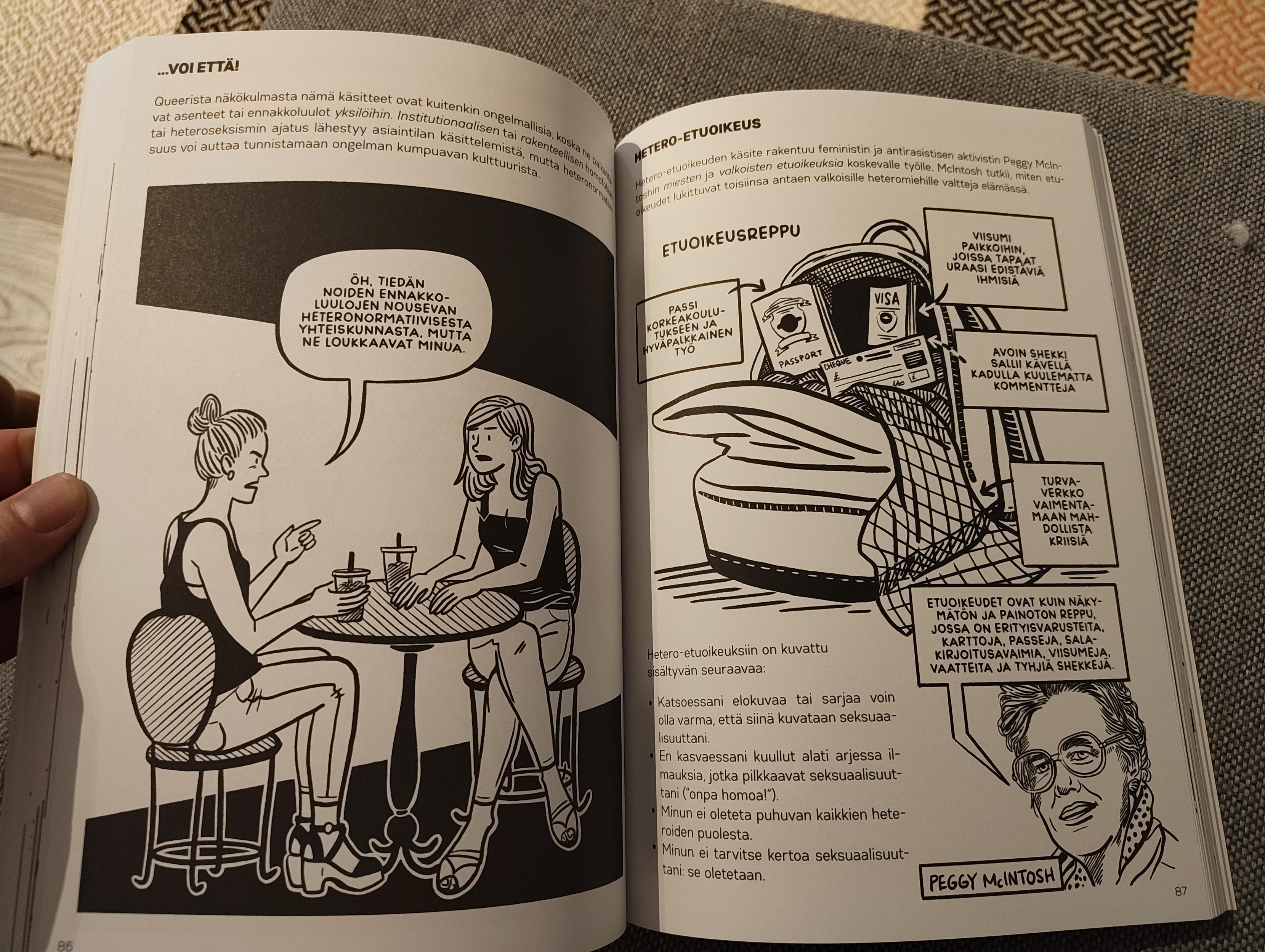 Esimerkki Queer sarjakuvajohdanto -kirjan sisällöstä. Vasemmalla sivulla kaksi feminiinistä hahmoa istuu terassipöydän ympärillä, puhekuplassa teksti: "Öh, tiedän noiden ennakkoluulojen nousevan heteronormatiivisesta yhteiskunnasta, mutta ne loukkaavat minua." Oikealla sivulla aiheena hetero-etuoikeus ja kuvituksessa tätä kuvaava etuoikeusreppu, joka kuvaa usein näkymättömiä etuoikeuksia, joita valkoisten heteromiesten elämään liittyy. Alareunassa piirretty Peggy McIntosh, jonka teoreettista ajattelua sivu referoi.