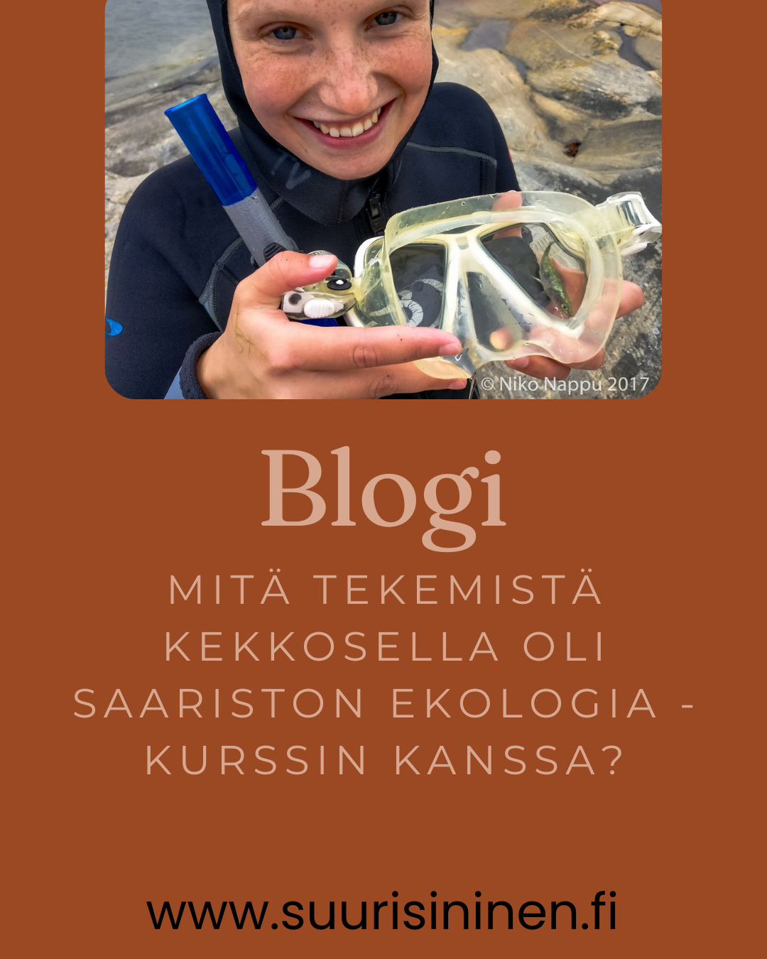 Kuvassa sukeltaja maski käsissään. Maskissa on vettä ja kolmipiikki. Teksti: Blogi. Mitä tekemistä Kekkosella oli Saariston ekologia -kurssin kanssa? www.suurisininen.fi