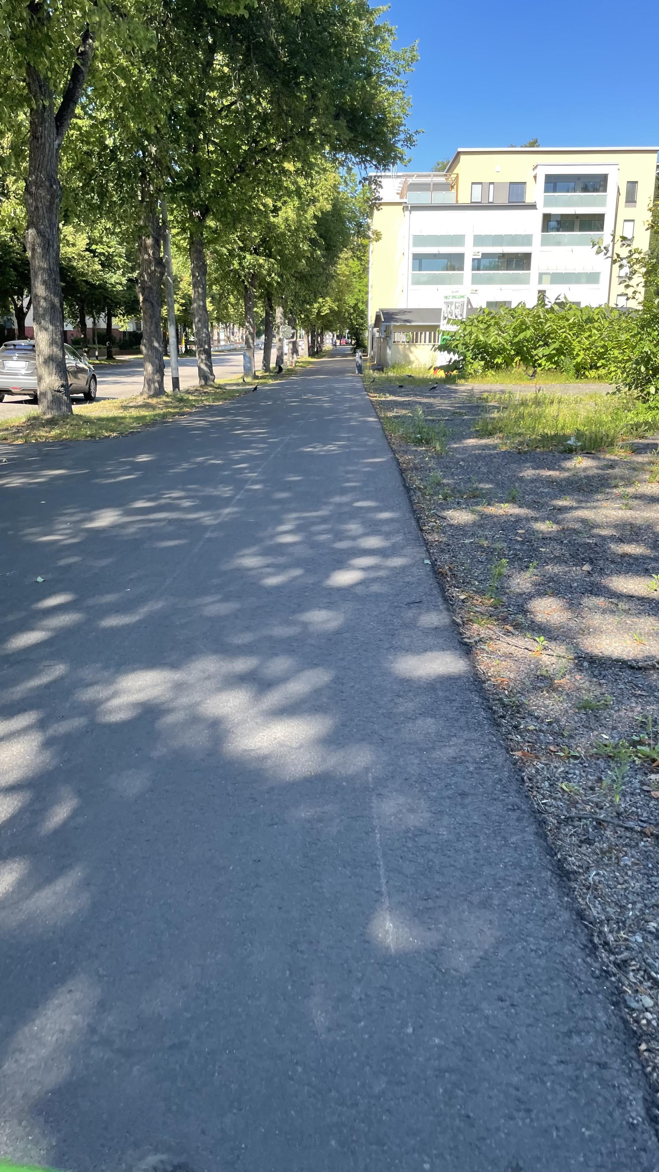 Still on my way out of city center, coming up to a new apartment building on the right. Lots of lovely shady trees on the left, separating the car road from the cyclist and pedestrian road.