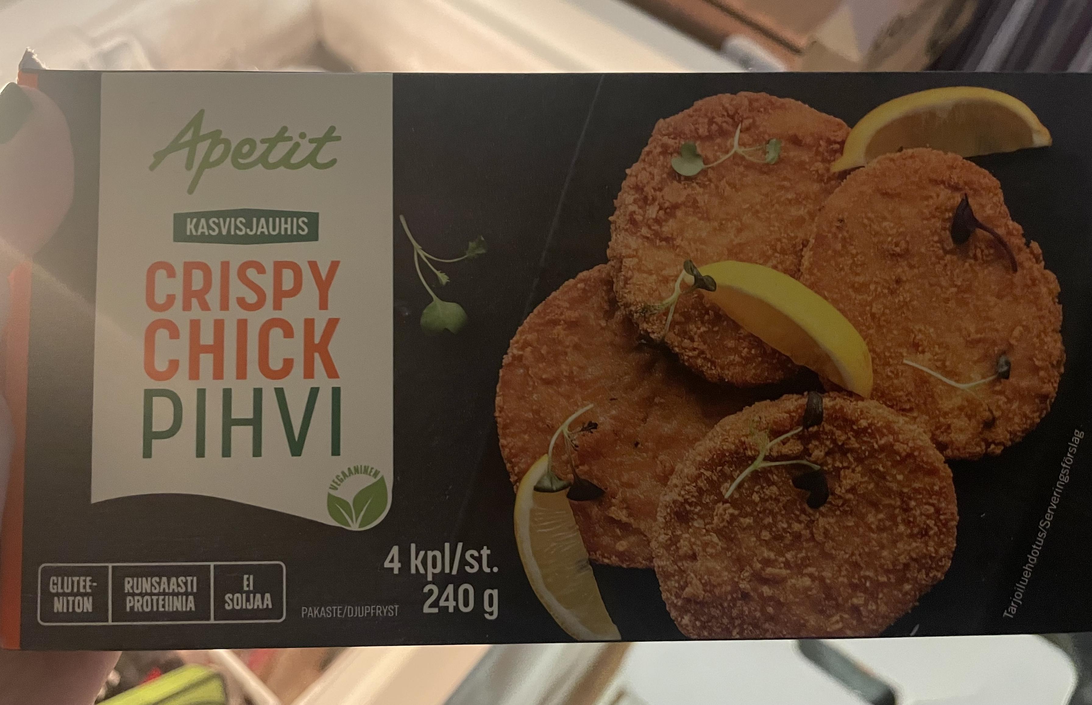 Musta pahvinen paketti, joka sisältää neljä kasvispihviä. Nimestä päätellen ne on valmistettu kikherneistä.