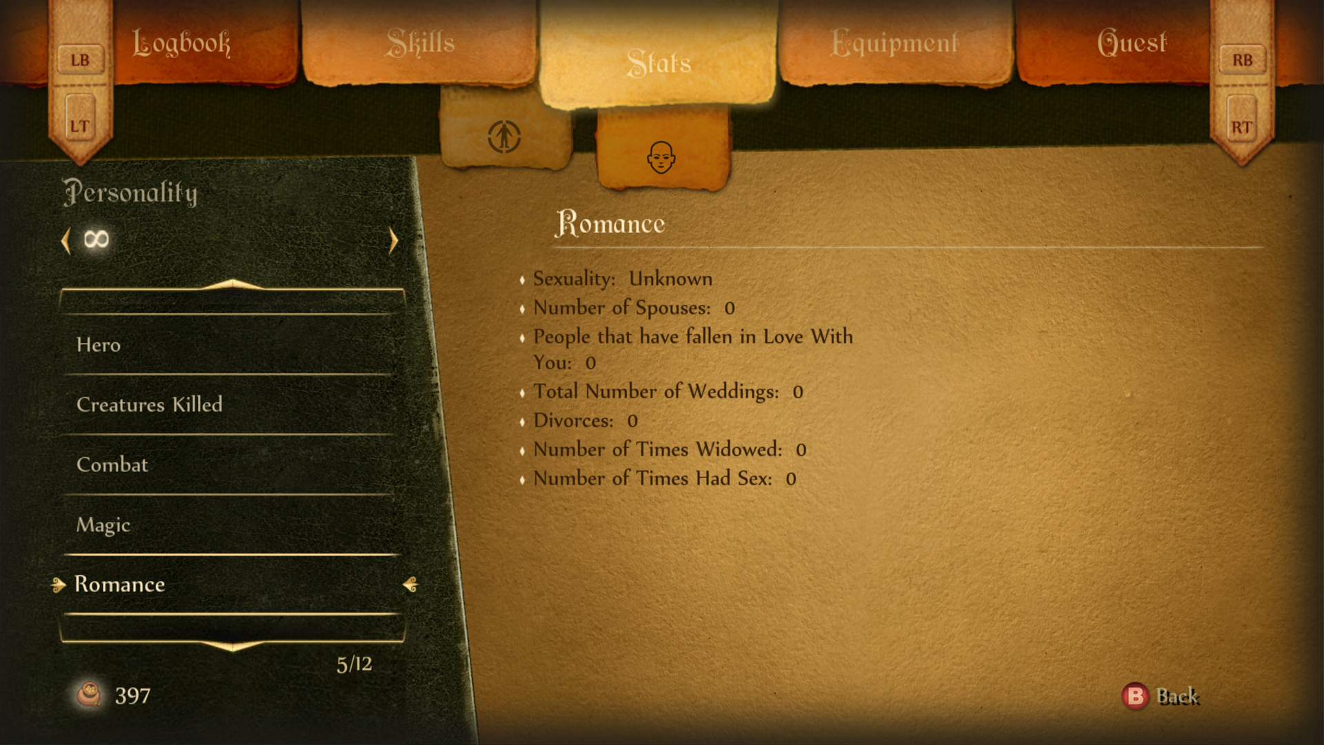 A menu page in the original Fable game. It displays the personality menu's Romance page, which details things like sexuality, number of spouses, people who've fallen in love with the player, total weddings and divorces and number of times widowed and had sex. You know, the important stats.