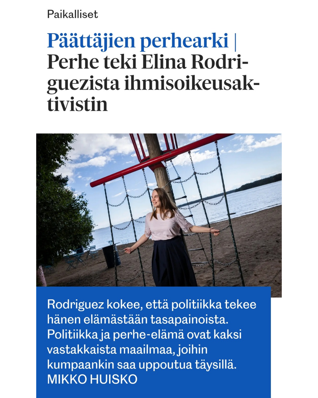 Kuvakaappaus Länsiväylän jutun kannesta. Elina Matinkylän uimarannalla.