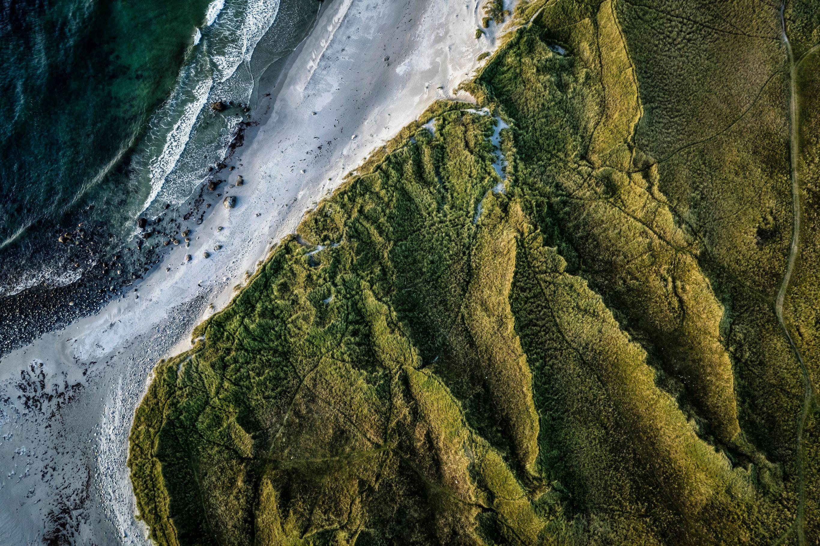 Overhead drone shot of a coastal landscape divided into three distinct bands: turquoise sea with white breaking waves on the left, a thin strip of white sandy beach in the middle, and a large grass and shrub-covered headland or dune system on the right. Scattered rocks dot the shoreline and small patches of sand are visible in the vegetation.